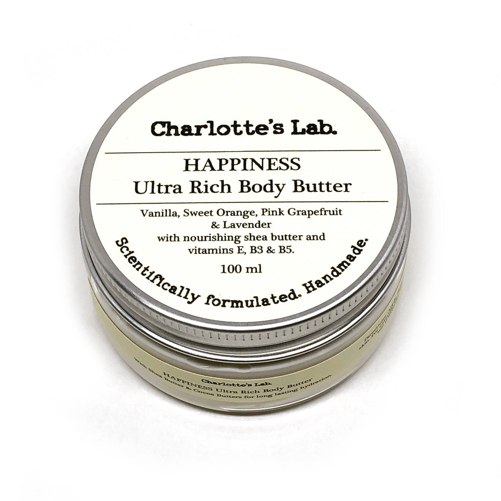 Jar of Charlotte's Lab Happiness Ultra Rich Body Butter on a white background
