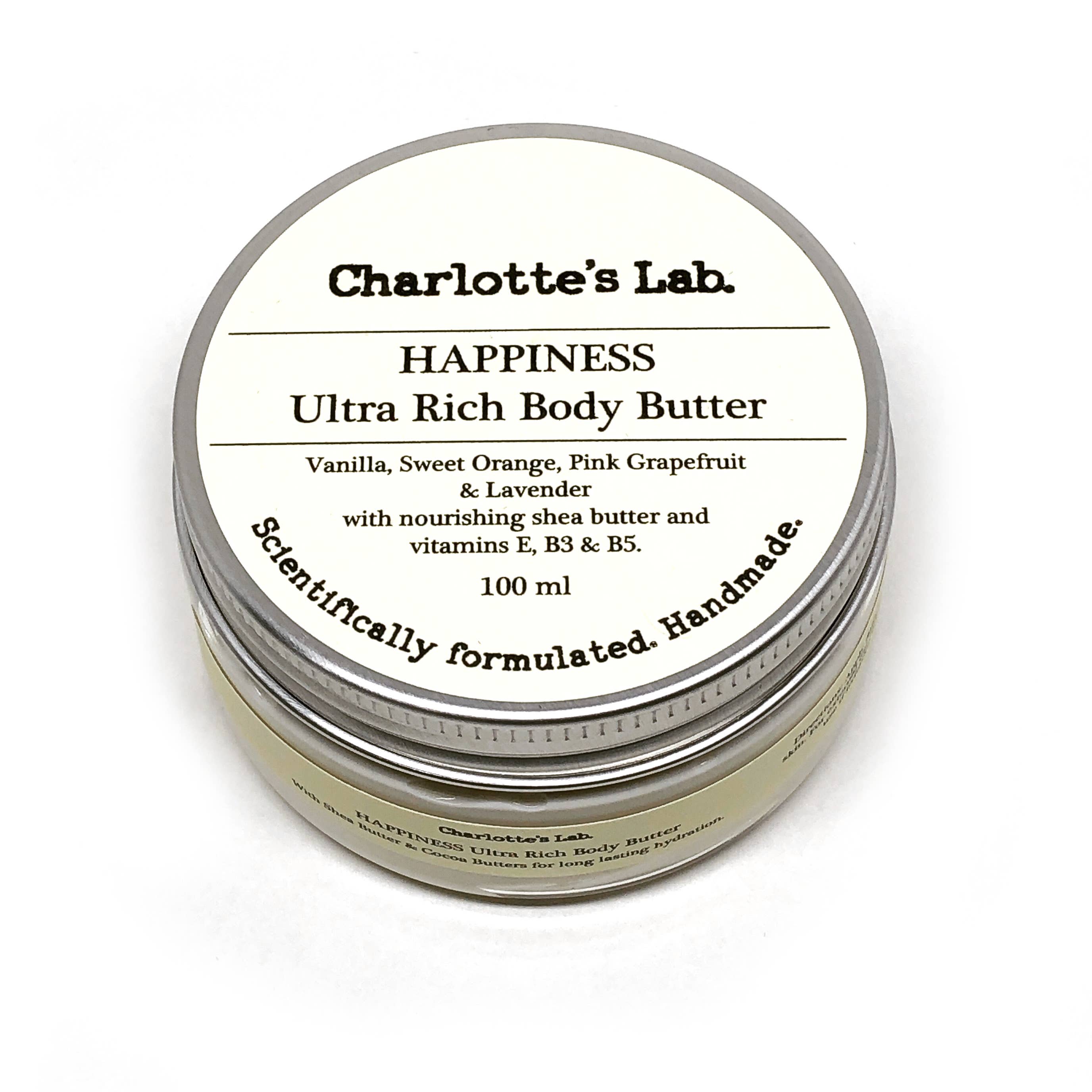 Jar of Charlotte's Lab Happiness Ultra Rich Body Butter on a white background