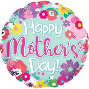 Balloon 9in - Air Filled on Stick - Mothers Day Teal and Flowers image 0