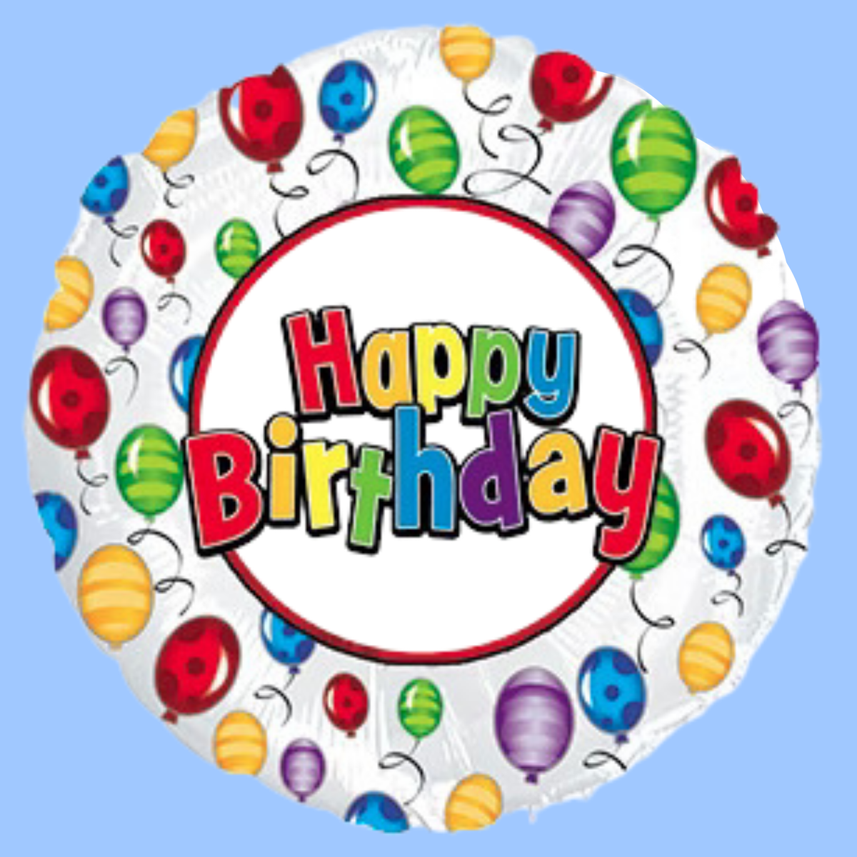 A round foil balloon with a white background, decorated with colorful balloons around the border and the words 'Happy Birthday' in multicolored letters inside a red circular frame, shown on a light blue background.