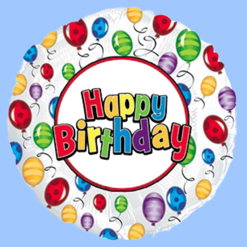 A round foil balloon with a white background, decorated with colorful balloons around the border and the words 'Happy Birthday' in multicolored letters inside a red circular frame, shown on a light blue background.
