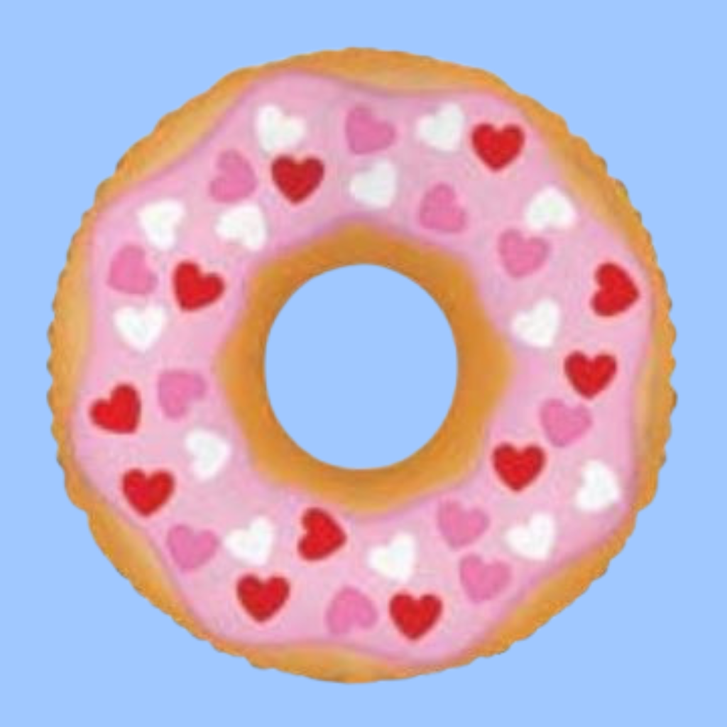 A stylized illustration of a donut with pink frosting and heart-shaped sprinkles in red, pink, and white, centered on a light blue background.