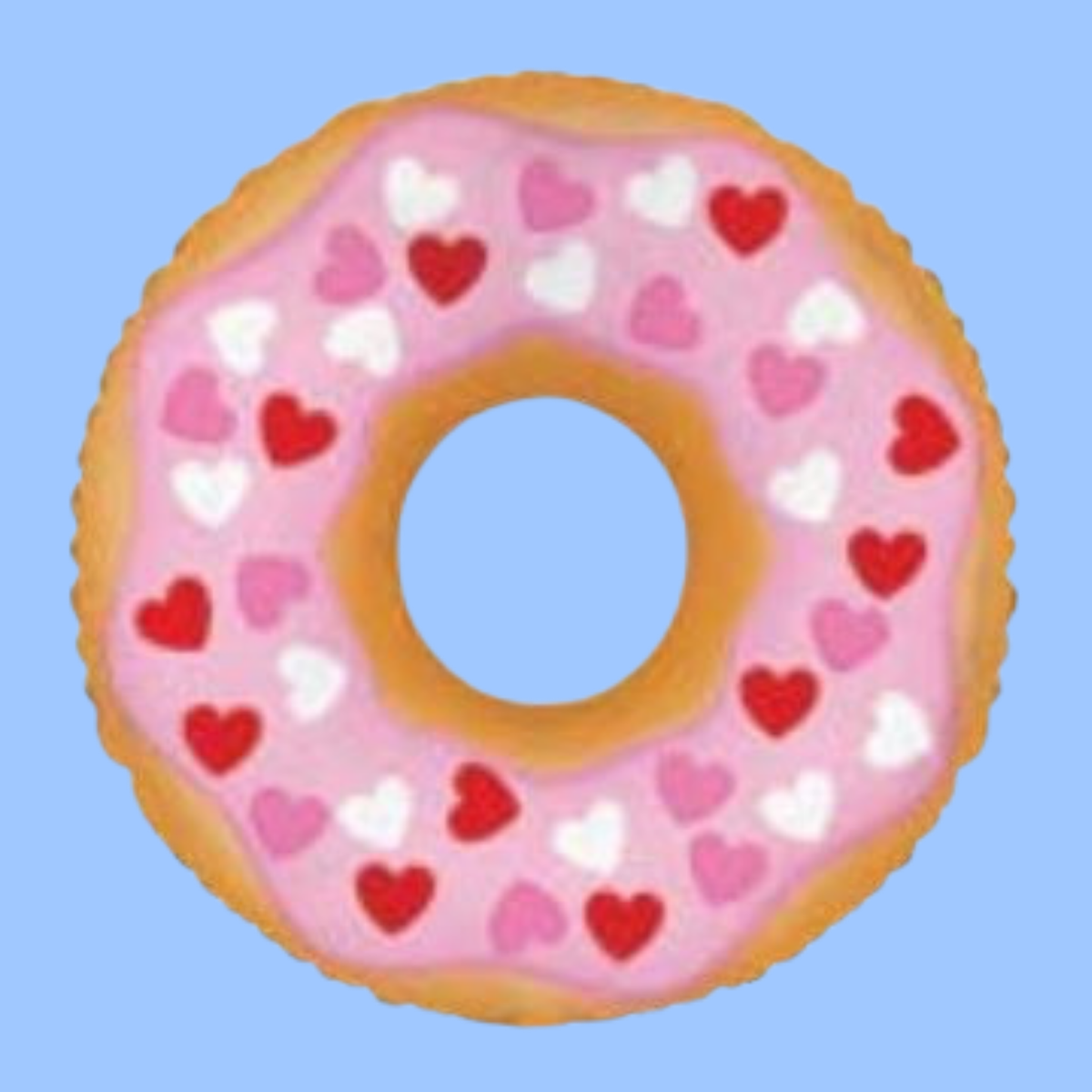 A stylized illustration of a donut with pink frosting and heart-shaped sprinkles in red, pink, and white, centered on a light blue background.