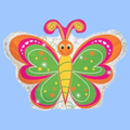 A colorful butterfly-shaped decorative item or patch on a light blue background. The design features a smiling yellow body, pink antennae, and wings in green, orange, pink, and white with dotted and starburst patterns.