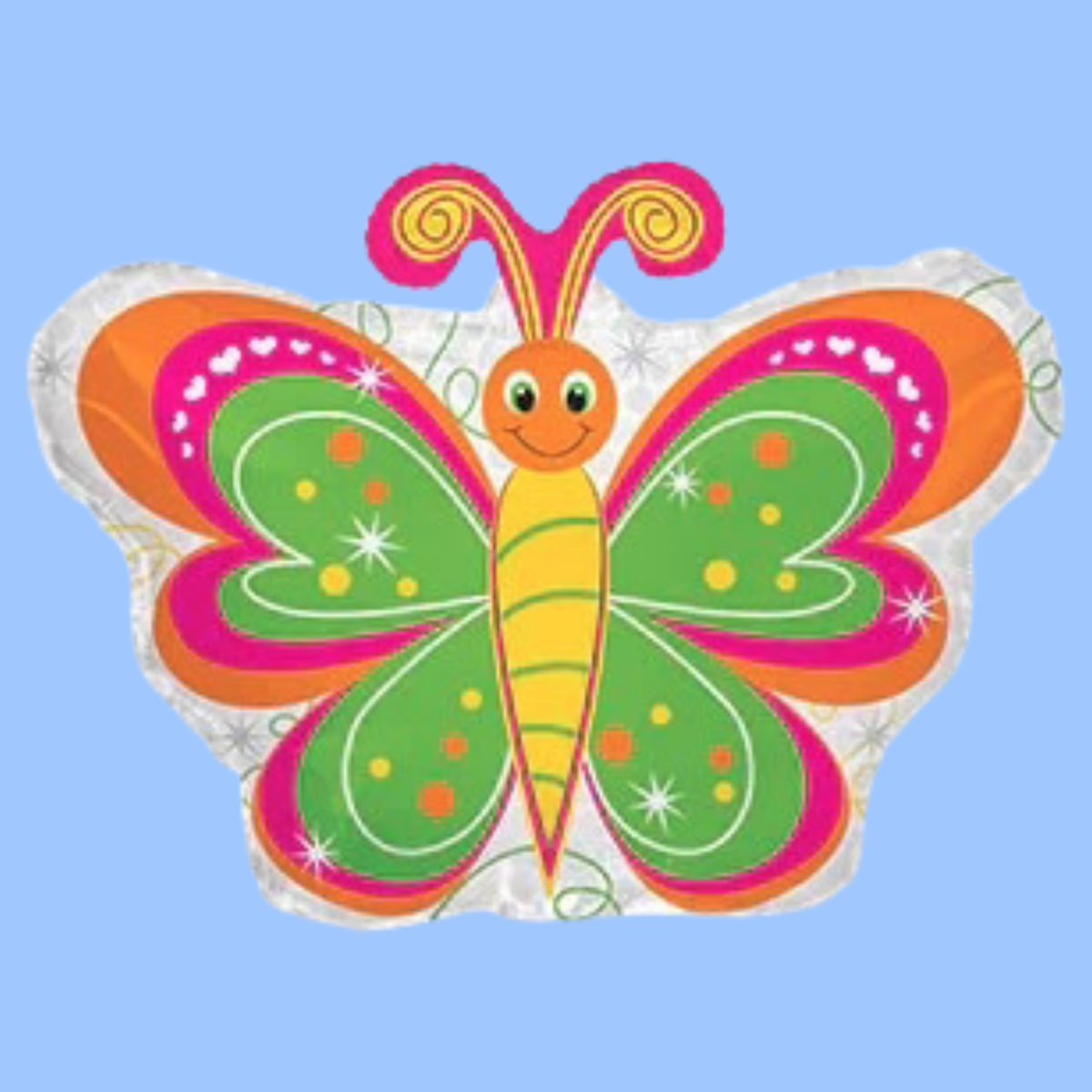 A colorful butterfly-shaped decorative item or patch on a light blue background. The design features a smiling yellow body, pink antennae, and wings in green, orange, pink, and white with dotted and starburst patterns.