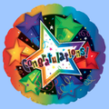 A round foil balloon with a scalloped edge, featuring a colorful rainbow gradient border, a large central white star outlined in purple, and multiple surrounding star shapes in green, red, blue, and orange. The word 'Congratulations!' is written across the center in playful multicolored lettering, set against a light blue background.