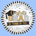 A round foil balloon with a black and white striped edge, featuring a 'Congrats GRAD So Proud of You!' graduation design on a light blue background.