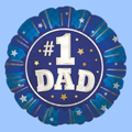 A round foil balloon with a scalloped edge, featuring a blue and navy design with gold and white accents. The center reads '#1 DAD' in large white letters, surrounded by stars and stripes on a light blue background.