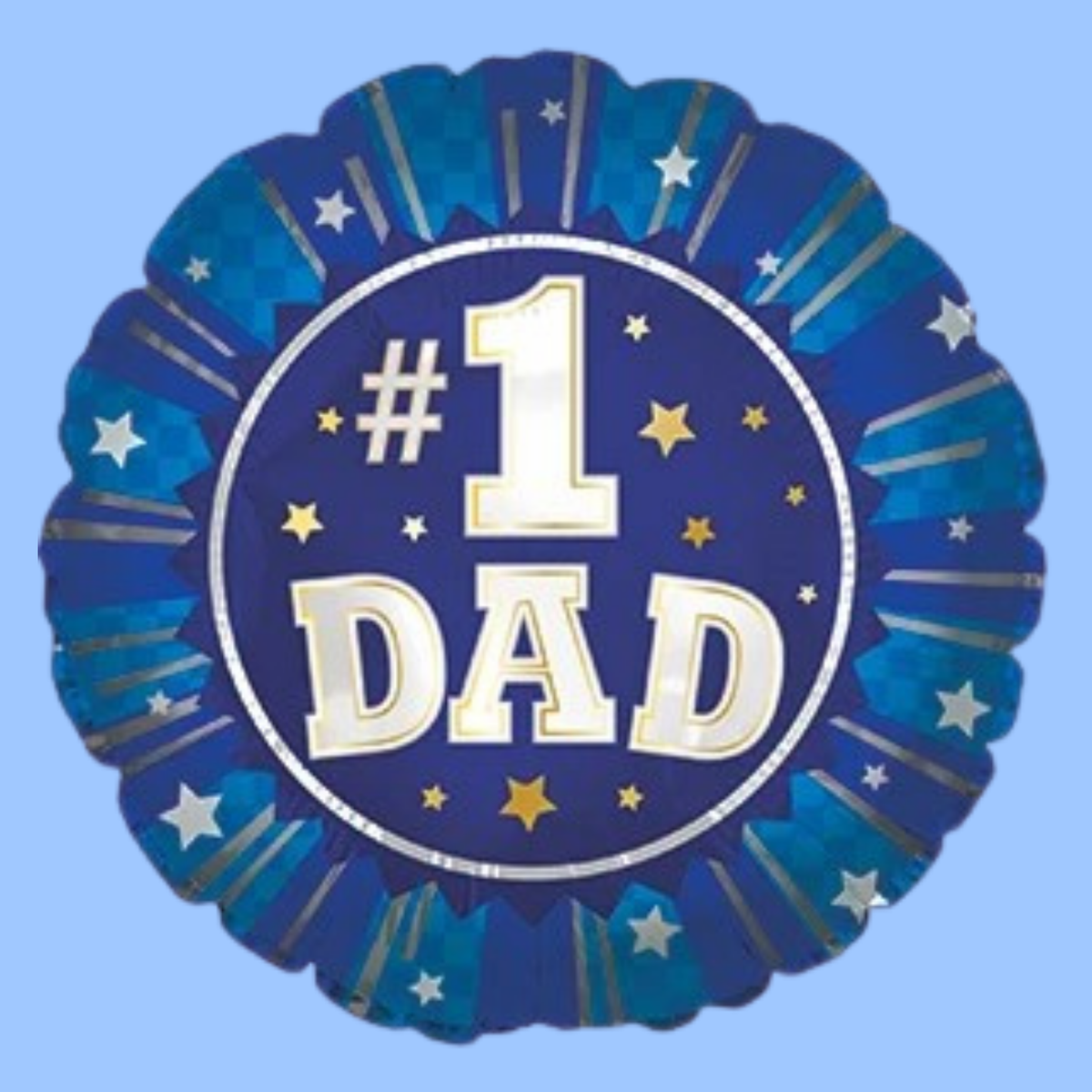 A round foil balloon with a scalloped edge, featuring a blue and navy design with gold and white accents. The center reads '#1 DAD' in large white letters, surrounded by stars and stripes on a light blue background.