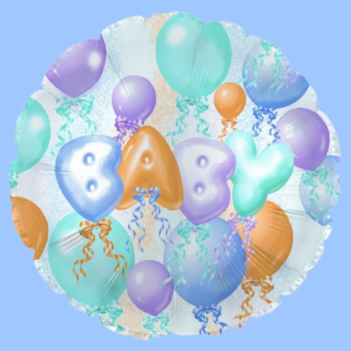 A round foil balloon cluster with a white base printed with colorful baby shower balloons, including hearts, balloons shaped like the word BABY, and pastel blue, purple, mint green, and orange balloons with blue and orange streamers, shown against a solid light blue background.