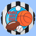 A round foil balloon with a sports theme, featuring black and white stripes, a blue center circle, and illustrations of a basketball, football, baseball, and golf ball. The text 'BOUNCE BACK SOON!' is written in red on the left side.