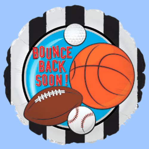 A round foil balloon with a sports theme, featuring black and white stripes, a blue center circle, and illustrations of a basketball, football, baseball, and golf ball. The text 'BOUNCE BACK SOON!' is written in red on the left side.