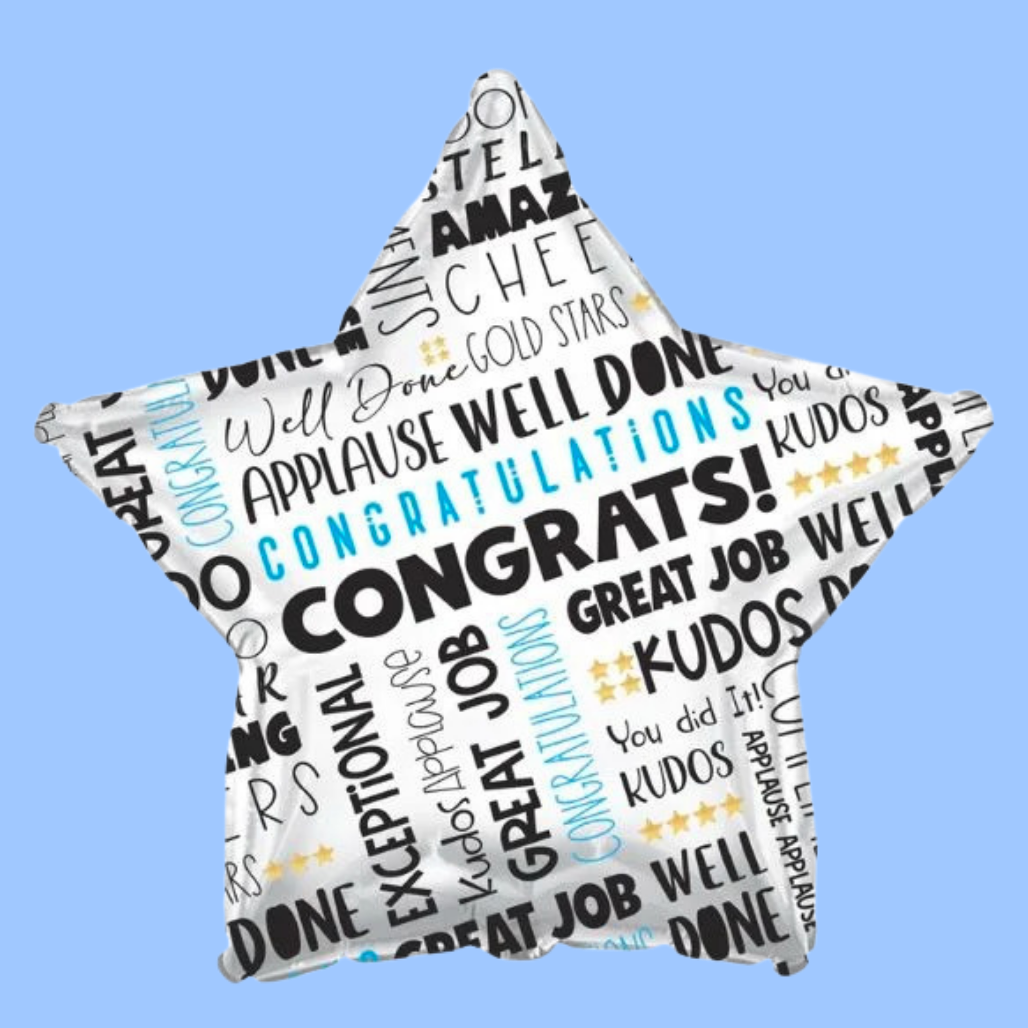 A star-shaped foil balloon with a white background printed with congratulatory words and phrases in black, blue, and gold, shown against a solid light blue background.