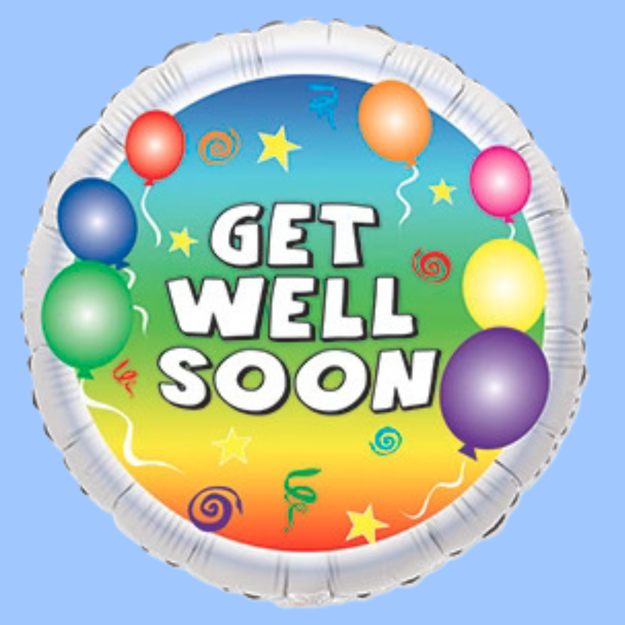 A round foil balloon with a silver crimped edge, featuring the words 'GET WELL SOON' in bold white letters over a colorful gradient background with balloons, stars, and swirls, set against a light blue backdrop.