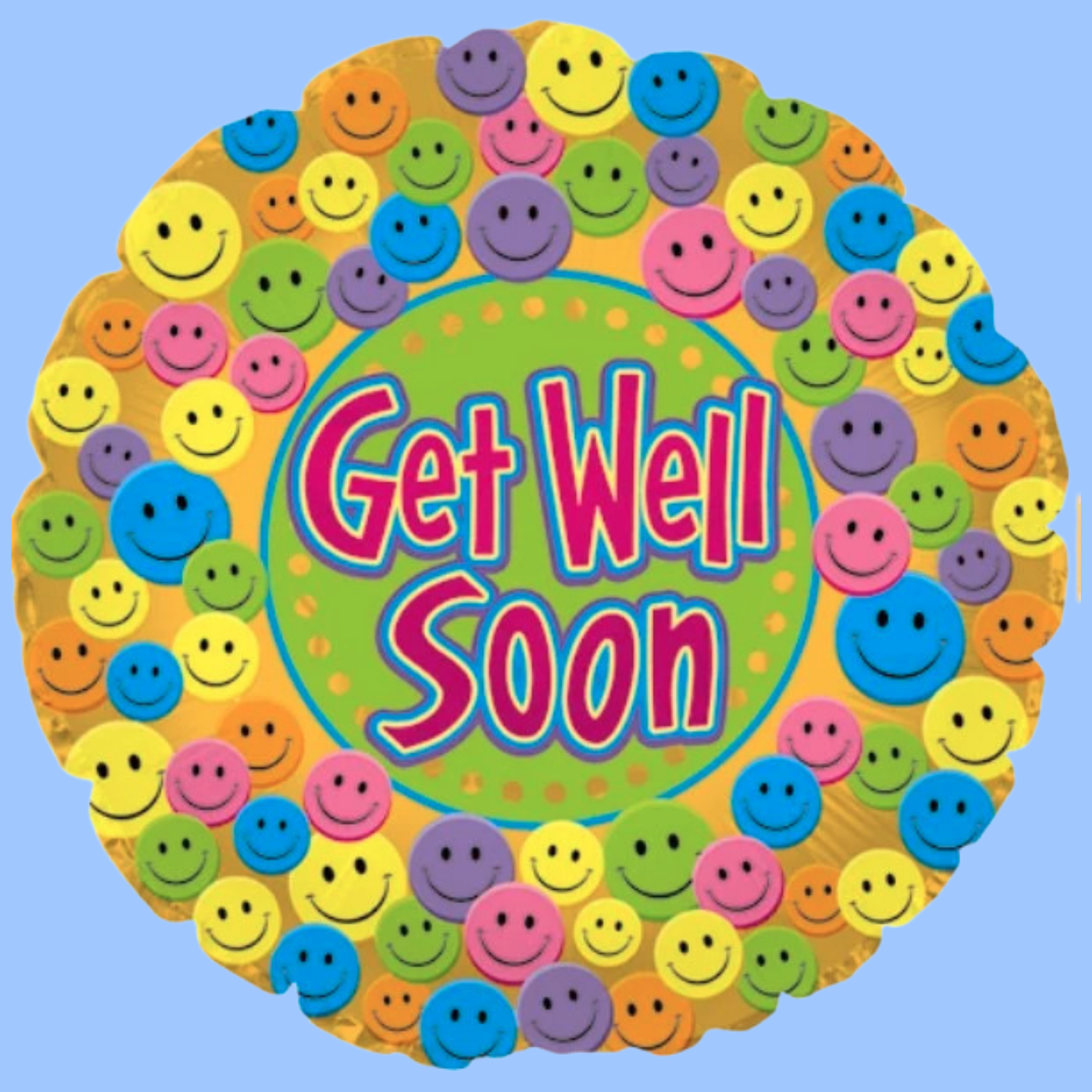 A round 'Get Well Soon' balloon featuring a colorful border of smiling face emojis on a light blue background.