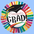 A round foil balloon with a colorful confetti-style border and a black graduation cap graphic. The center reads “Congrats GRAD!” in red and black lettering on a white heart shape, set against a light blue background.