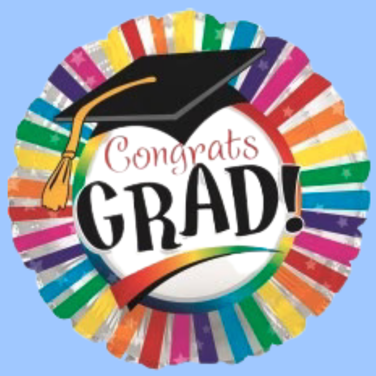 A round foil balloon with a colorful confetti-style border and a black graduation cap graphic. The center reads “Congrats GRAD!” in red and black lettering on a white heart shape, set against a light blue background.
