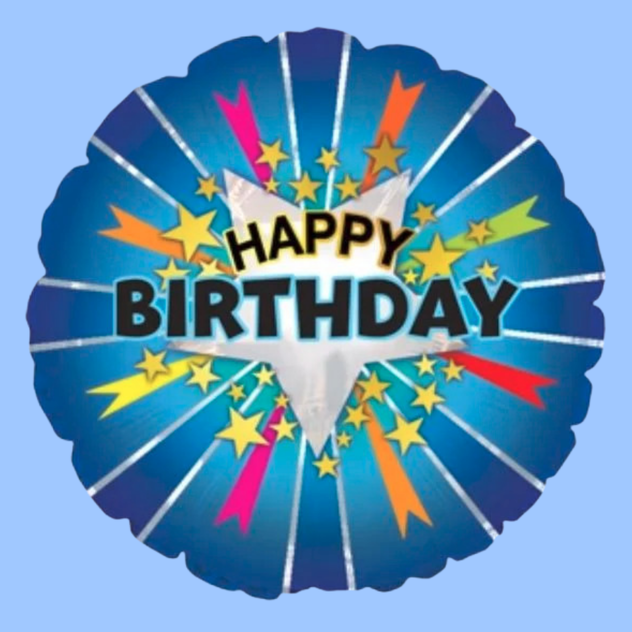 A round scalloped foil balloon with a blue gradient background, silver radial lines, and colorful starburst accents in pink, orange, yellow, and red. The center features a white star shape with the words 'HAPPY BIRTHDAY' in black and white.