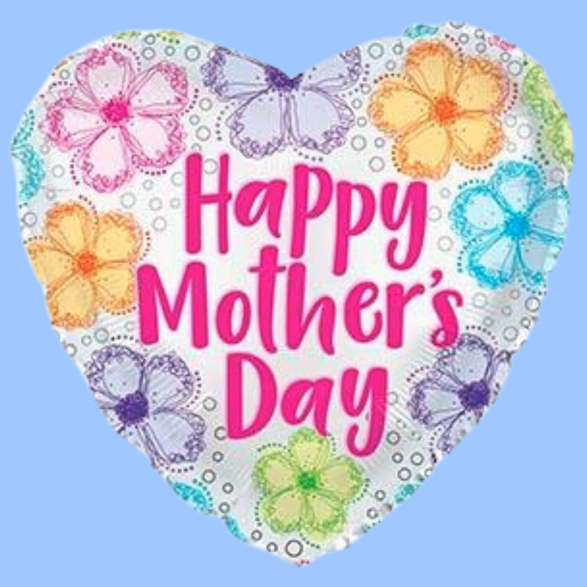 A heart-shaped foil balloon with a white background decorated with colorful flowers and butterflies, featuring the text 'Happy Mother's Day' in pink lettering, set against a solid light blue background.