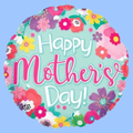 A round foil balloon with a colorful floral border and the text 'Happy Mother's Day!' on a light blue background.