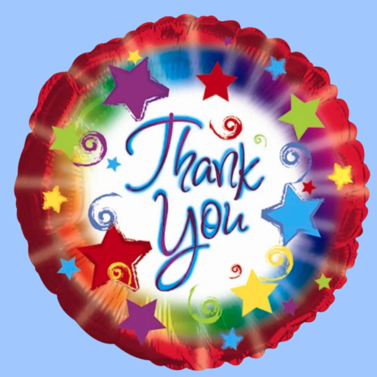 A round foil balloon with a colorful rainbow gradient background, decorated with star shapes in red, yellow, green, blue, and purple, and the words 'Thank You' written in blue cursive script at the center, shown against a light blue background.
