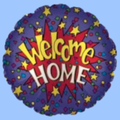 A round foil balloon with a purple background, decorated with colorful confetti dots and yellow stars. In the center, there is a red comic-style burst with the words 'Welcome HOME' in yellow and white lettering, set against a solid light blue background.