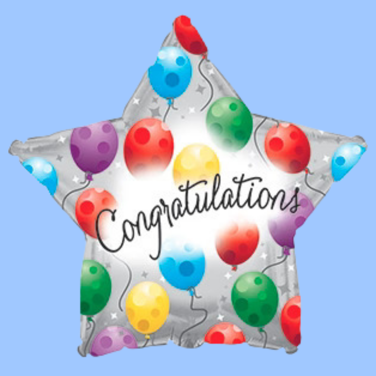 A star-shaped foil balloon with a silver reflective background, decorated with colorful balloons in red, blue, green, yellow, and purple, and featuring the word 'Congratulations' in black script across the center, shown against a solid light blue background.