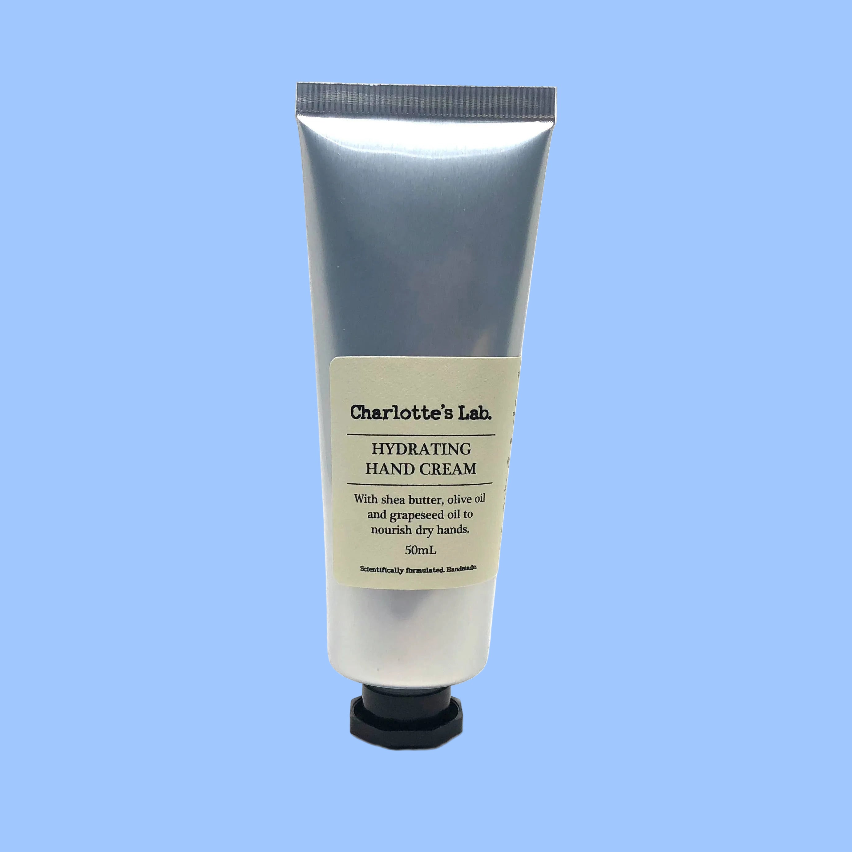 Tube of Charlotte's Lab Hydrating Hand Cream on a white background
