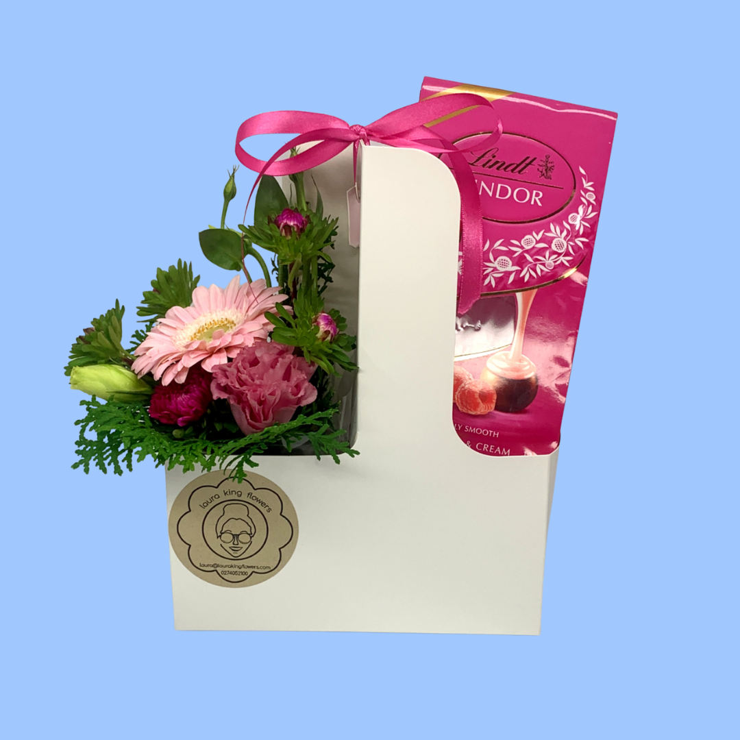 Pinks Carry Arrangement & Chocolates