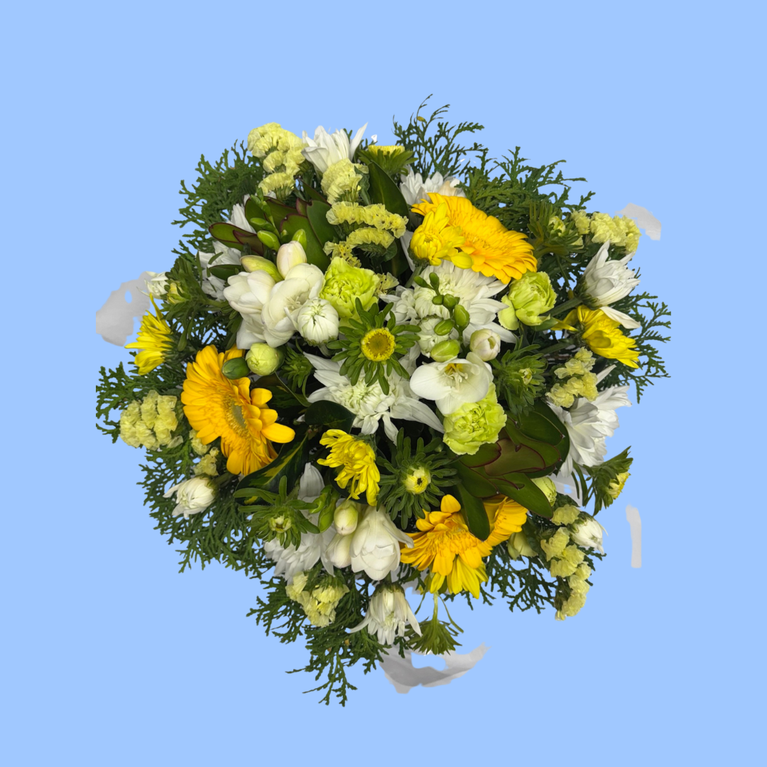 top down view of arrangement of crisp bold yellow and white flowers with greenery against white tissue.