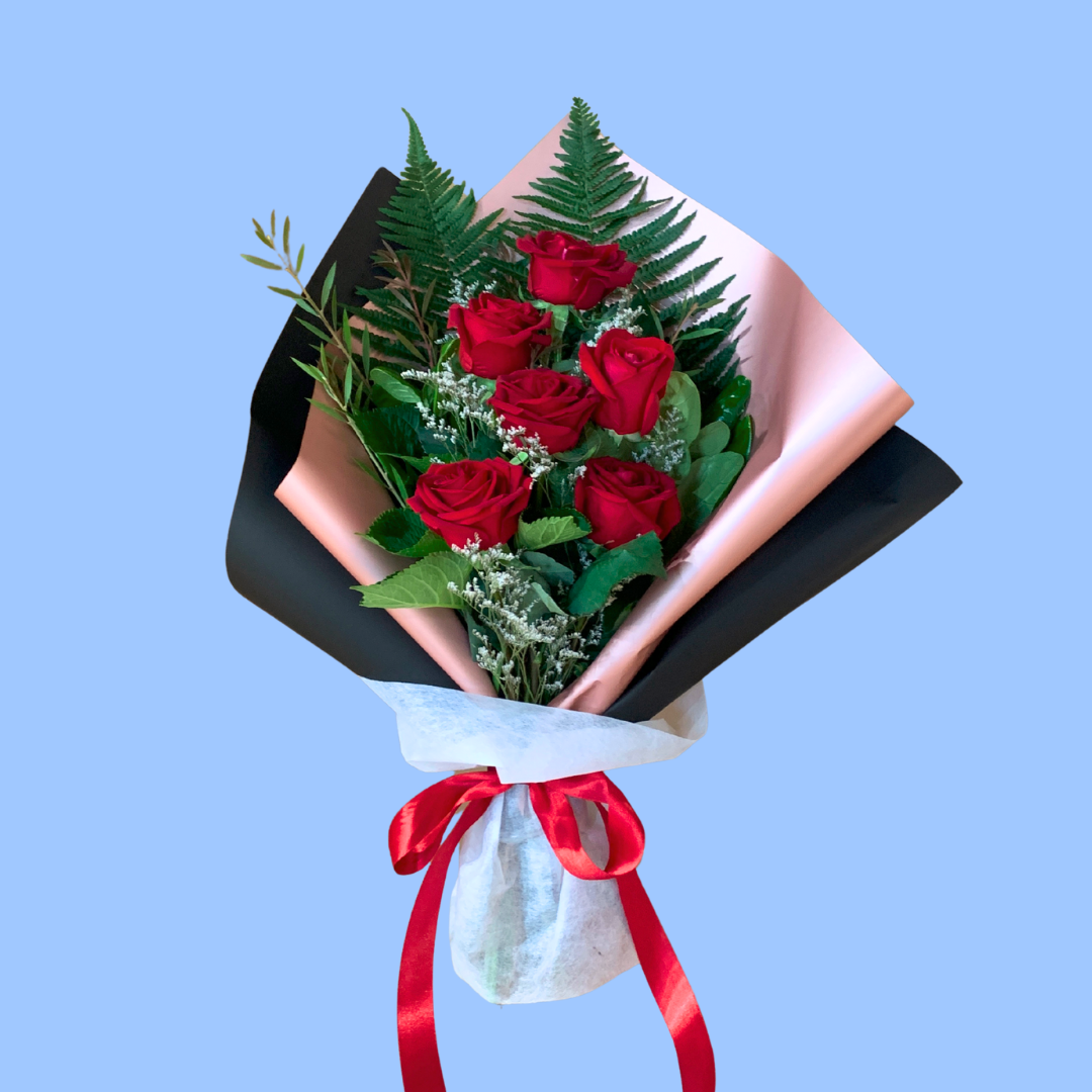 Elegant half dozen red roses bouquet, black and rose gold wrap
