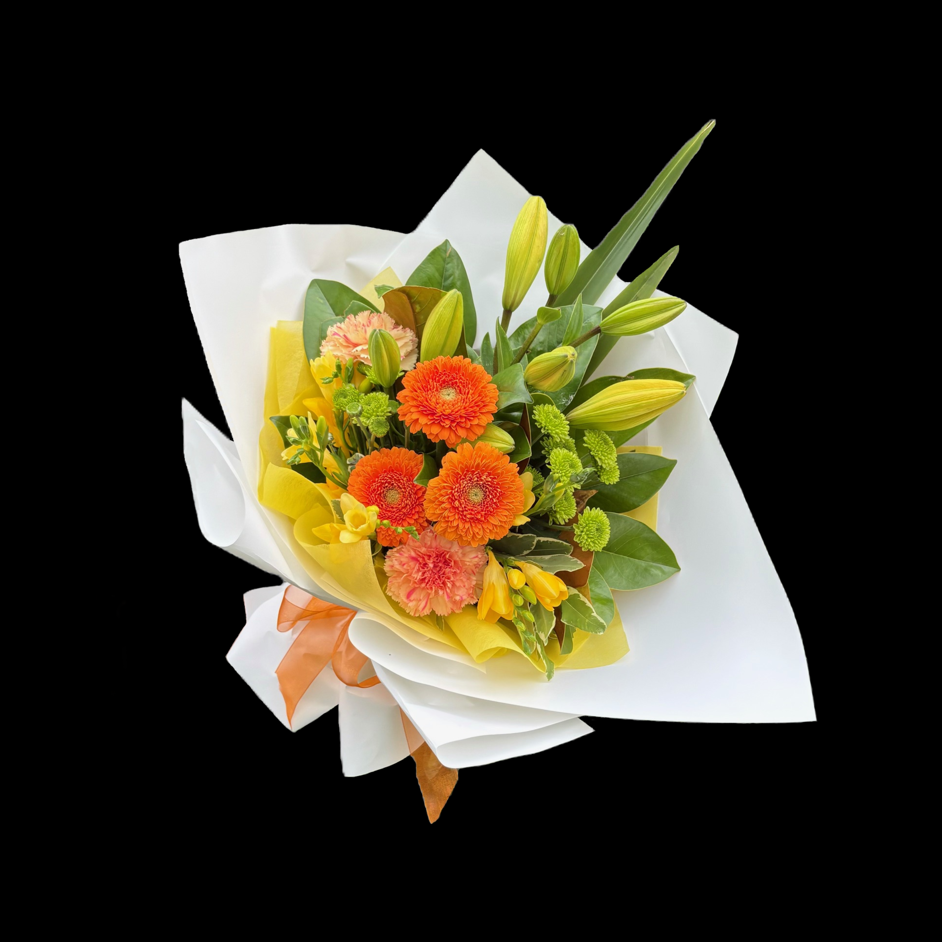 Orange and yellow flower bouquet with green foliage, wrapped in white with yellow vilene and orange bow