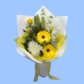 Yellow and white flower bouquet wrapped in white with yellow vilene and bow, popular for gifting and sympathy
