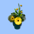 top view of flower arrangement with bright yellow gerberas and yellow ball shaped flowers between artistic flax design and lilies, in modern matte emerald green coloured ceramic pot.